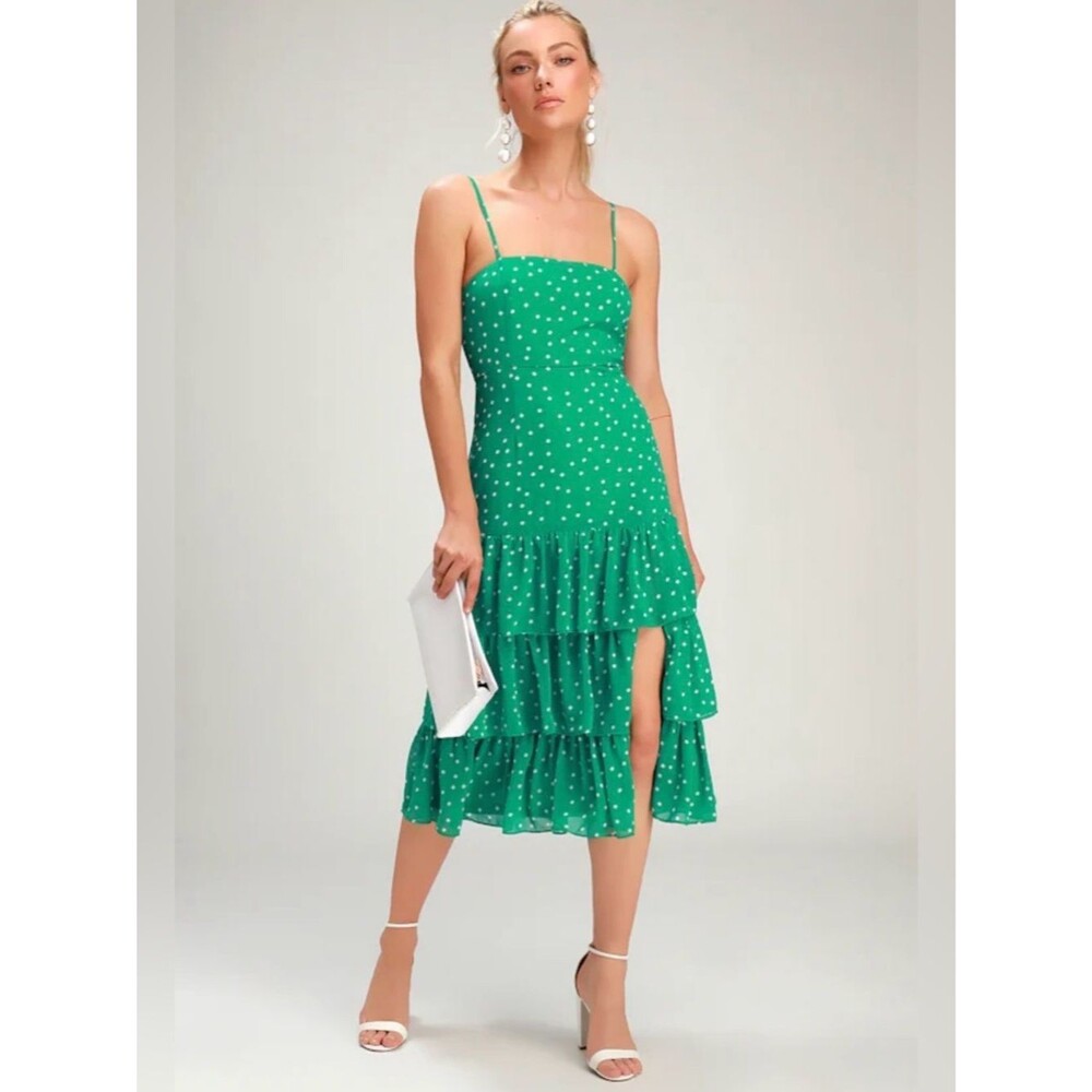 Lulus NWT Women Large Nellie Green Polka Dot Ruffle Midi Dress Dainty Romantic